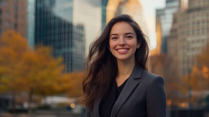 Fototapeta premium Professional Woman Posing with Manhattan Skyline Background