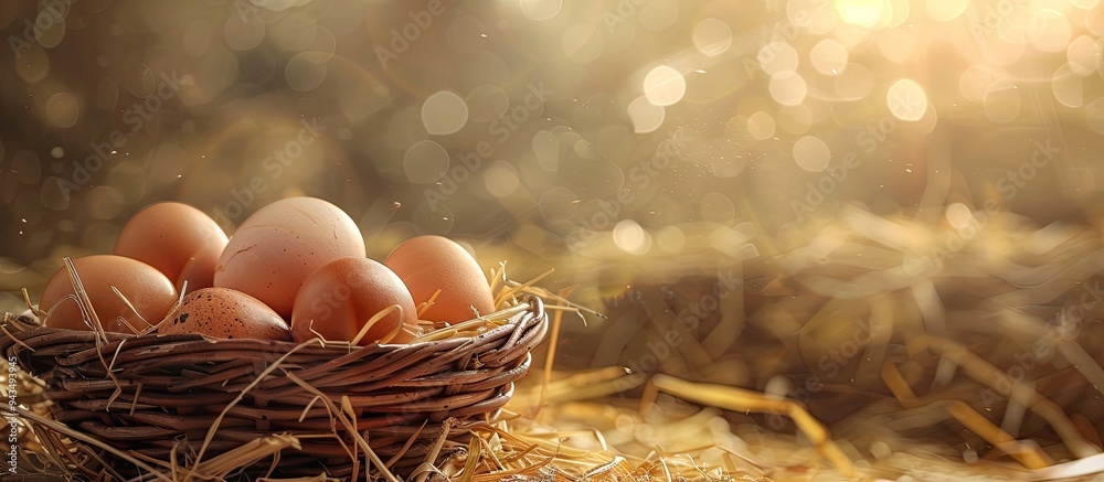 Poster wicker basket holding fresh chicken eggs set on a dried straw bale with copy space image available