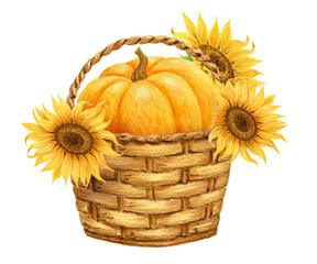 Pumpkin with sunflowers in basket. Thanksgiving or Harvest Day card design. Watercolor drawing.