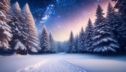 landscape white snow pine forest merry christmas of winter wonderland galaxy beautiful stars light...