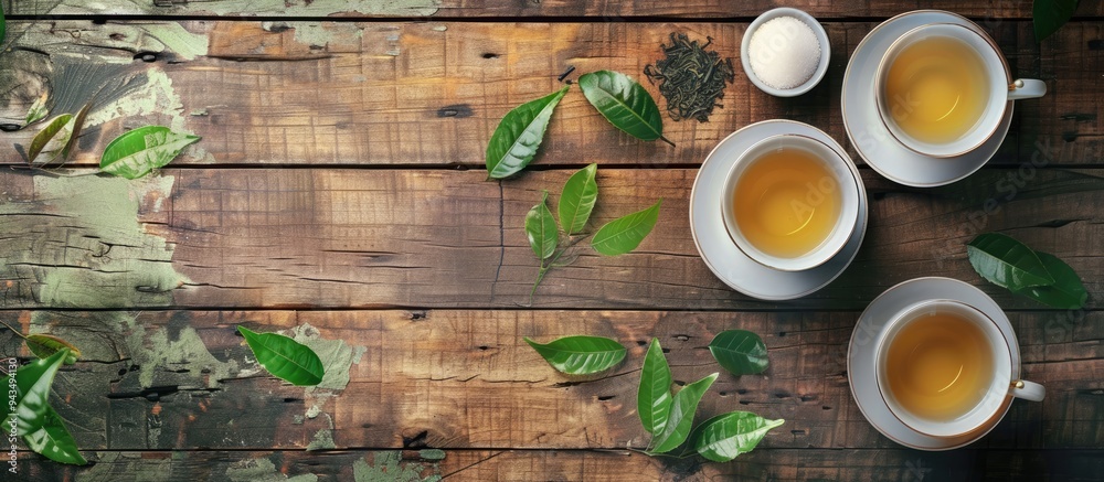 Poster Flat lay composition featuring cups filled with refreshing green tea a sugar bowl and tea leaves on a wooden table with available space for text in the image. Creative banner. Copyspace image