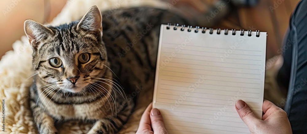 Poster A cat rests on a cat tower while a hand holds a blank notepad near it for a copy space image