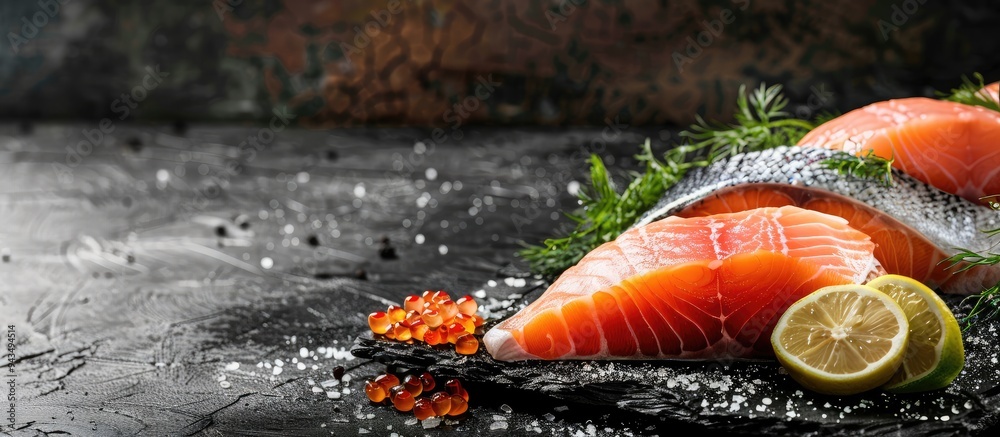 Poster fresh seafood fillet displayed on a rustic table setting with a copy space image for keto paleo or v