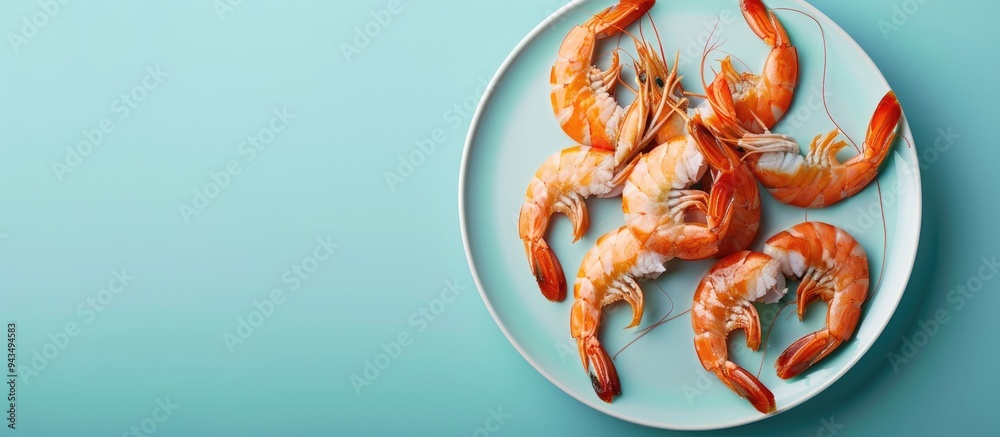 Aufkleber plate with delicious boiled shrimp arranged neatly on a blue backdrop ideal for use as a copy space 