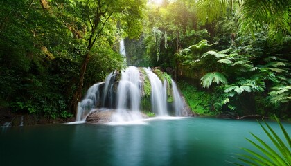 waterfall in forest waterfall in the jungle tropical landscape in the jungle plants and green trees in the jungle waterfall with lake in the forest