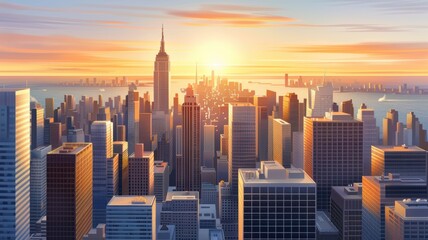 Fototapeta premium Vibrant skyline view of a city during sunset, showcasing towering buildings and a colorful sky reflecting off the horizon.