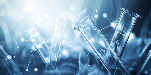 Closeup of laboratory glassware with light bokeh and abstract lines connecting white circles in the background.