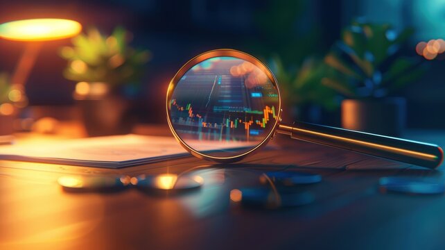 A close-up view of a magnifying glass reflecting financial charts, symbolizing analysis and investment in a cozy workspace.