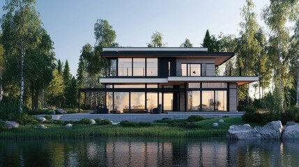 Obraz premium Contemporary two-story house with large windows, situated by a serene lake surrounded by autumn trees and natural scenery..