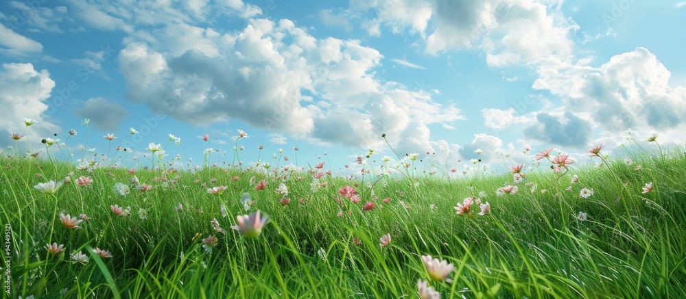Poster nature setting with fresh grass and cosmos flowers in a picturesque meadow field providing a serene 