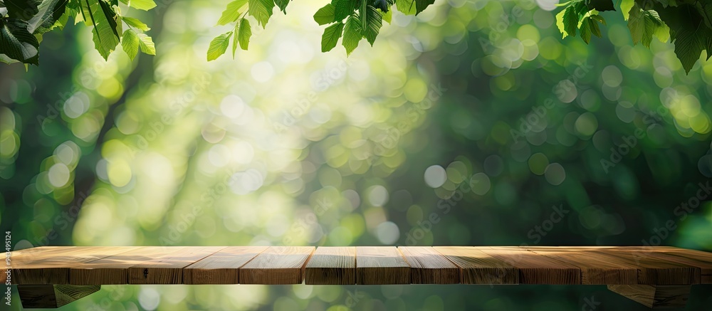 Poster Table with no items on it set against a blurred green backdrop ideal for copy space image