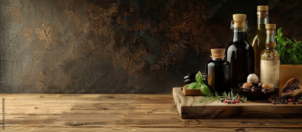 Poster Wooden table displaying balsamic vinegar bottle oil and various products with space for text near them. Creative banner. Copyspace image