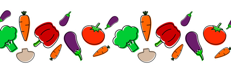 A border of colorful vegetables. Autumn background with harvest. For design of fabric, tableware, banner, flyer. Vector graphics 