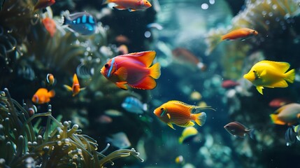 Obraz premium Seascape view of Colorful fishes in the blue ocean. Tropical sea underwater fishes on coral reef. Aquarium oceanarium wildlife colorful marine panorama landscape
