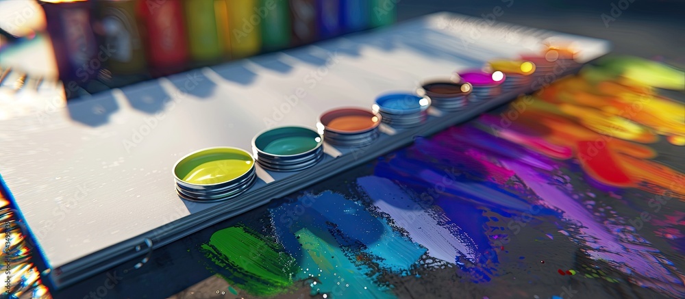 Poster A sketchbook with a row of vibrant paints beside it ideal for adding color to the copy space image