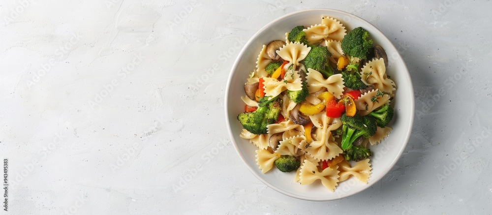 Poster top down view of a dish featuring farfalle pasta roasted broccoli and sauteed mushrooms in a bowl on