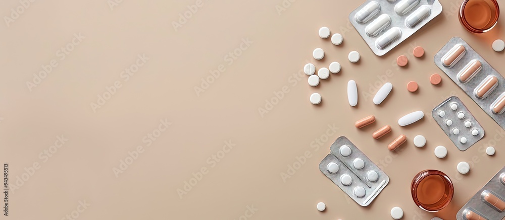 Aufkleber Flat lay composition with various pills and organizer on a beige background featuring copy space for text