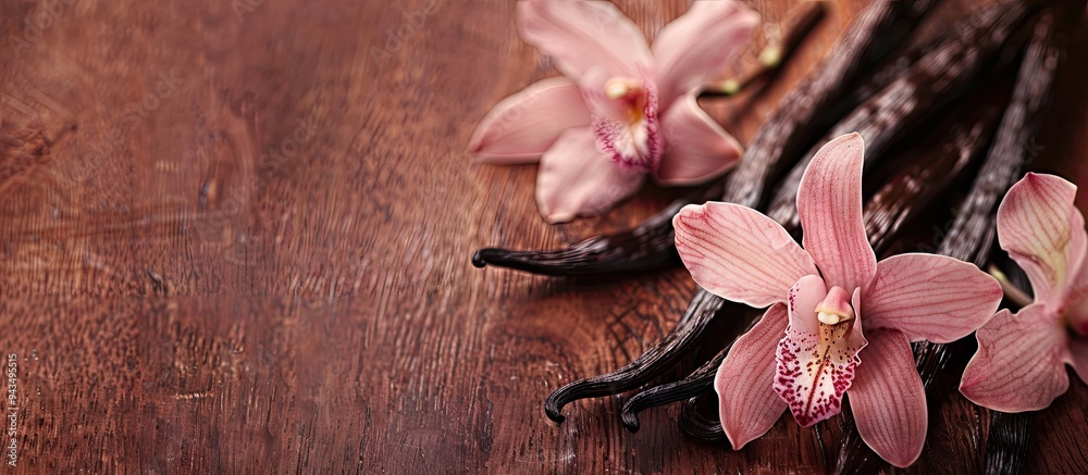 Poster close up of vanilla pods and flowers displayed on a wooden table with room for text alongside in the