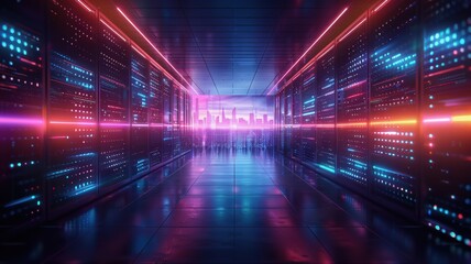 Futuristic data center corridor illuminated by vibrant neon lights, showcasing advanced technology and digital atmosphere.