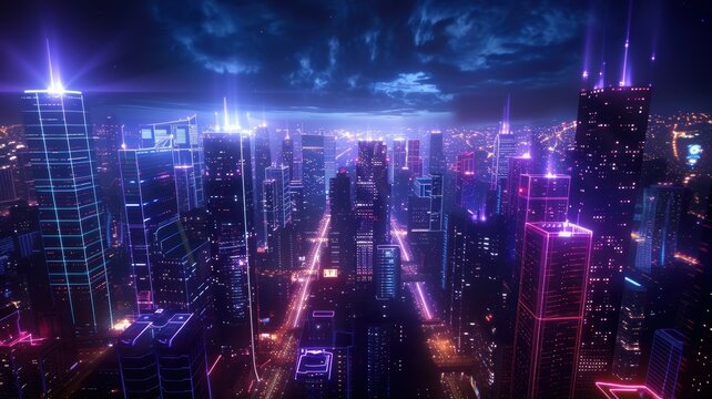 A vibrant night cityscape featuring glowing skyscrapers and dynamic lights under a dramatic sky.