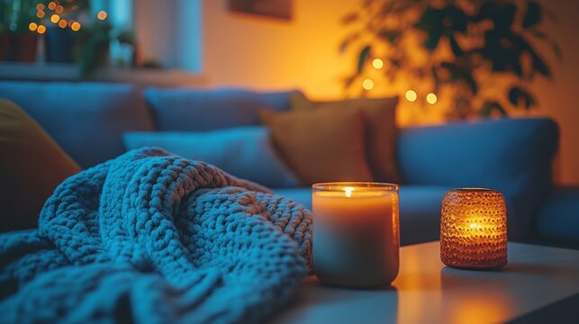 Cozy apartment living room with warm decor, candles, and a blanket during a serene evening