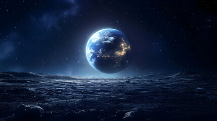 A breathtaking view of Earth from the moon's surface, with a starry sky and craters.