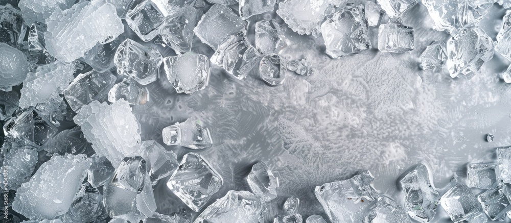 Fototapete top view of a crushed ice frame on a grey background with ample space for text