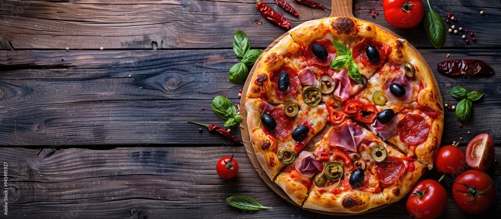 Aufkleber top view photo of delicious pizza with cured ham olives sun dried tomato and pepper on a wooden surf