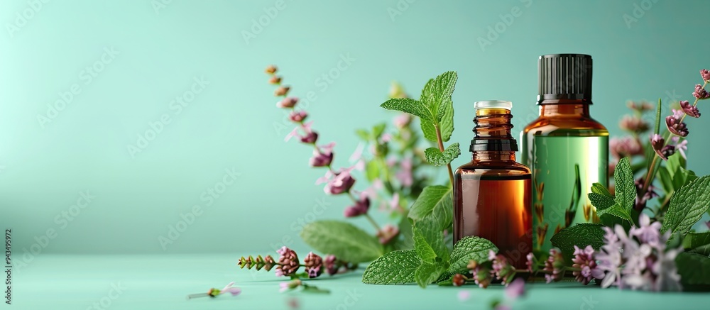 Poster a few bottles of aromatic essential oil with peppermint leaves and flowers displayed in an attractiv