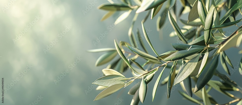 Fototapete close up of a green olive tree branch with copy space image