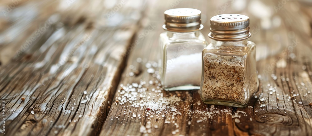Poster close up of salt and pepper shakers on a wooden table with copy space image