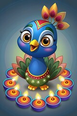 Fototapeta premium greeting with cute peacock and diyas for Diwali celebration