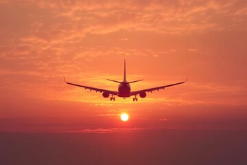 Fototapeta na wymiar Distant Plane Against Vibrant Sunset Sky