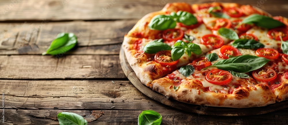 Poster classic pizza margherita topped with slices of juicy tomatoes gooey melted cheese and fresh basil le