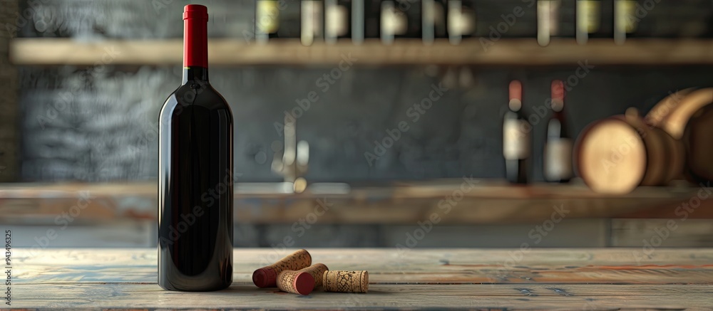 Poster Red wine bottle displayed on wooden surface with corks perfect for a copy space image