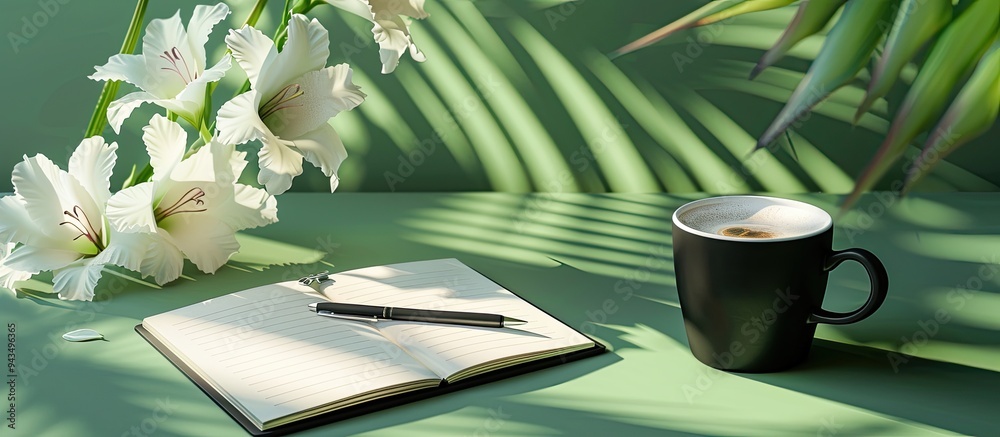 Poster festive office desk concept featuring a summer themed arrangement with an open blank notepad a black
