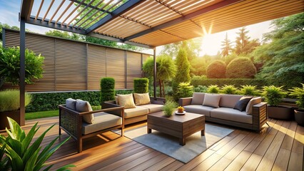 serene warm sunlight filters through sleek modern patio shades surrounding lush greenery comfortable outdoor furniture inviting relaxation 