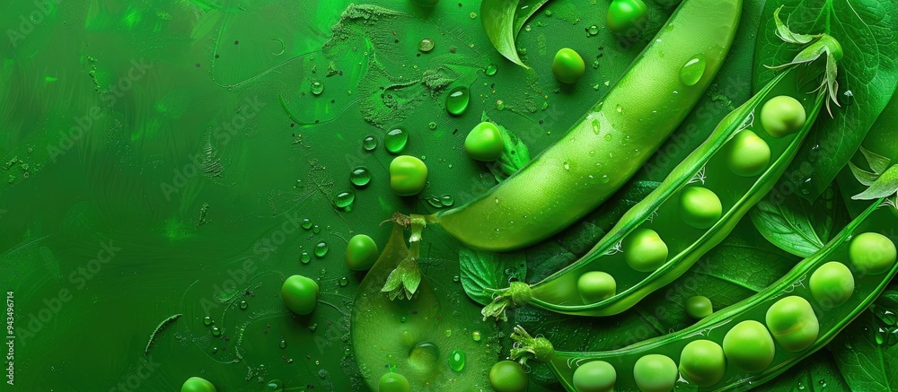Poster a vibrant image showcasing fresh organic green peas with pea pods viewed from the top on a lush gree