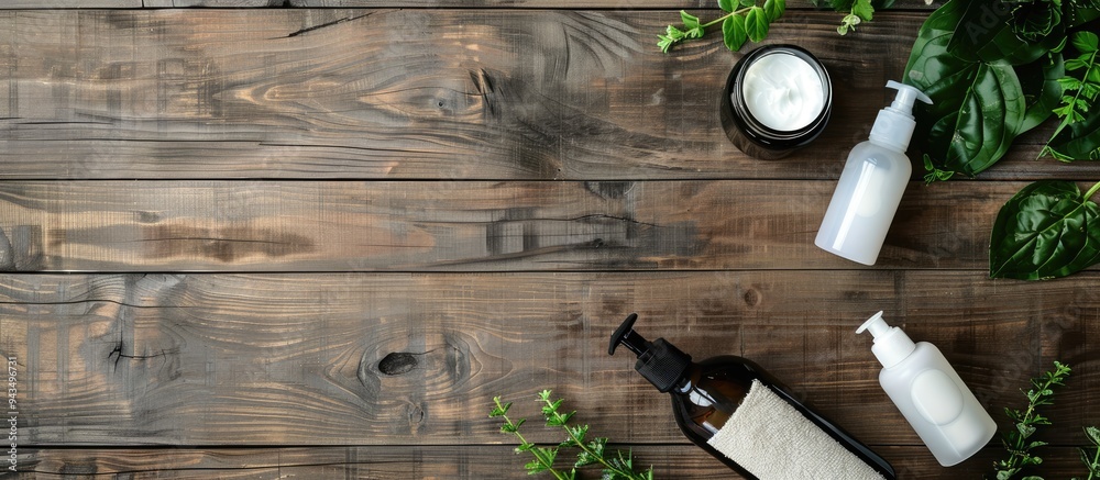 Poster herbal hair care products displayed beautifully on a wooden surface from above with ample empty spac