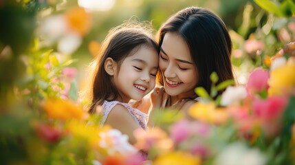 A warm, close-up portrait of a mother and daughter embracing and smiling amidst vibrant flowers and greenery in a garden, symbolizing family love and connection..