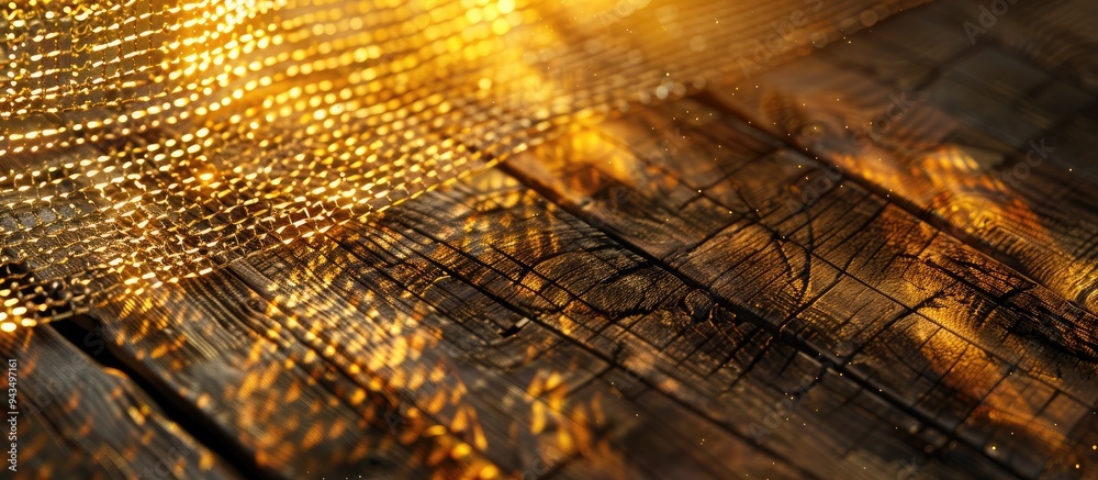 Poster Dark copyspace image with a golden circle chain mesh creating a grid like sunbeam on the textured natural wood surface
