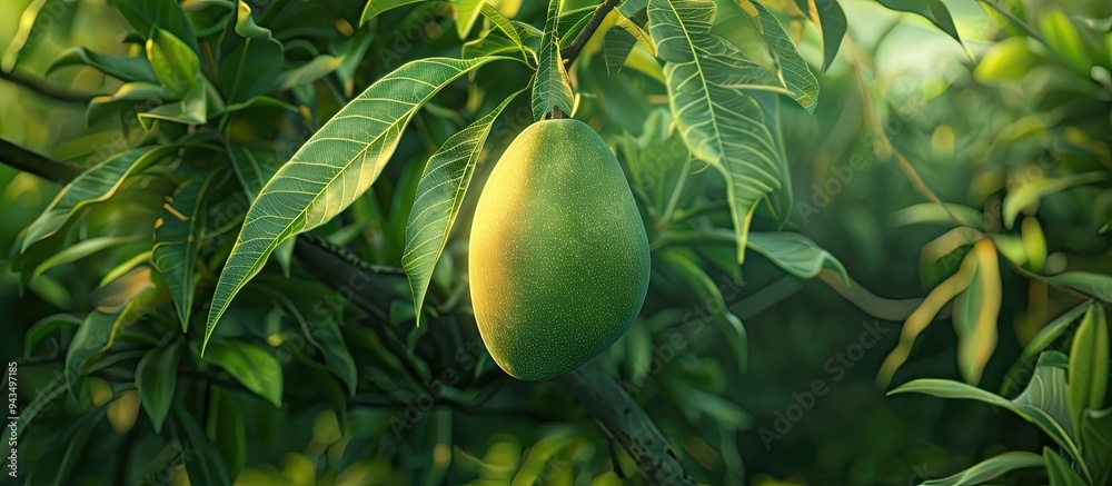 Aufkleber a vibrant youthful and ripe green mango fruit is suspended from a tree in an organic farm creating a