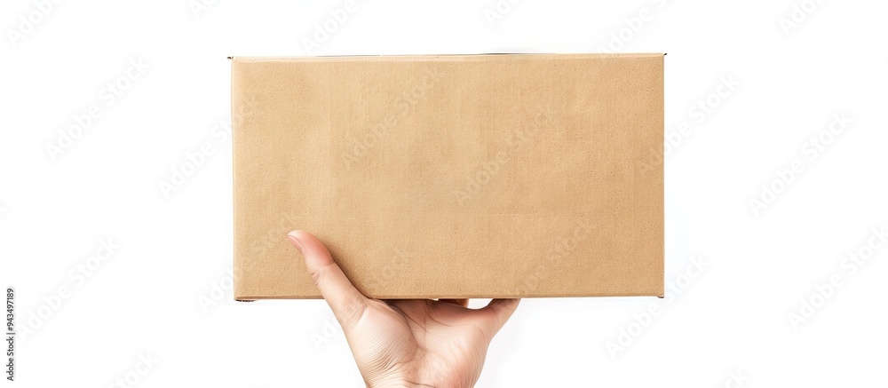 Fototapete a picture of a hand holding a brown paper box with a plain white background conveying a delivery or 
