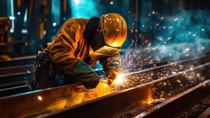 A welder in protective gear intensely working on steel beams, with bright sparks flying, highlighting the industrial process and craftsmanship..