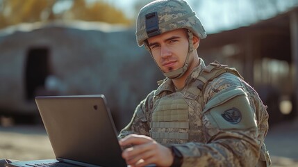 Young U.S. Army Personnel Working on Laptop During Duty