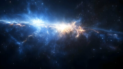 A bright blue and yellow nebula explodes in the darkness of space.