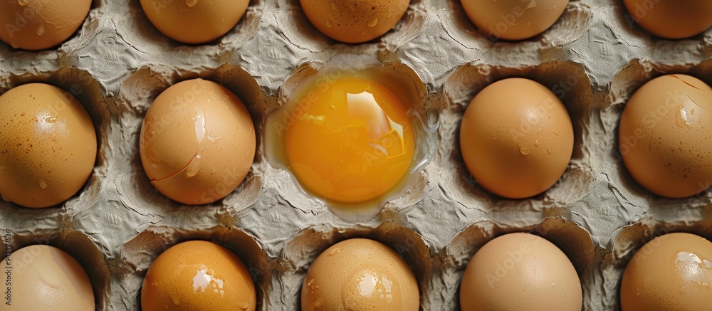 Poster top view of a cracked egg with yolk on fresh brown eggs in a carton creating a raw organic food back