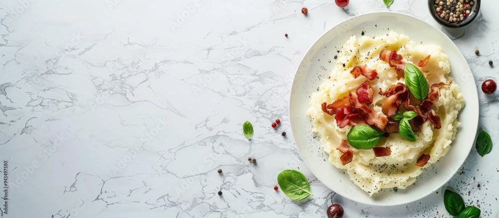 Aufkleber White table with fried bacon mashed potato and basil with ample copy space image