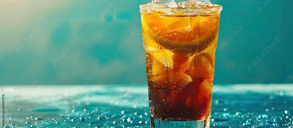 Aufkleber Trendy summer drink featuring Espresso orange juice and syrup layered in a glass with ice on a blue backdrop perfect for a refreshing beverage with a copy space image
