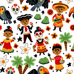 Naklejka premium Bright cheerful children seamless vector pattern with symbols of Mexico. Mexican, cactus, toucan, national costumes, flowers. Latin America landmarks. Childish travel background